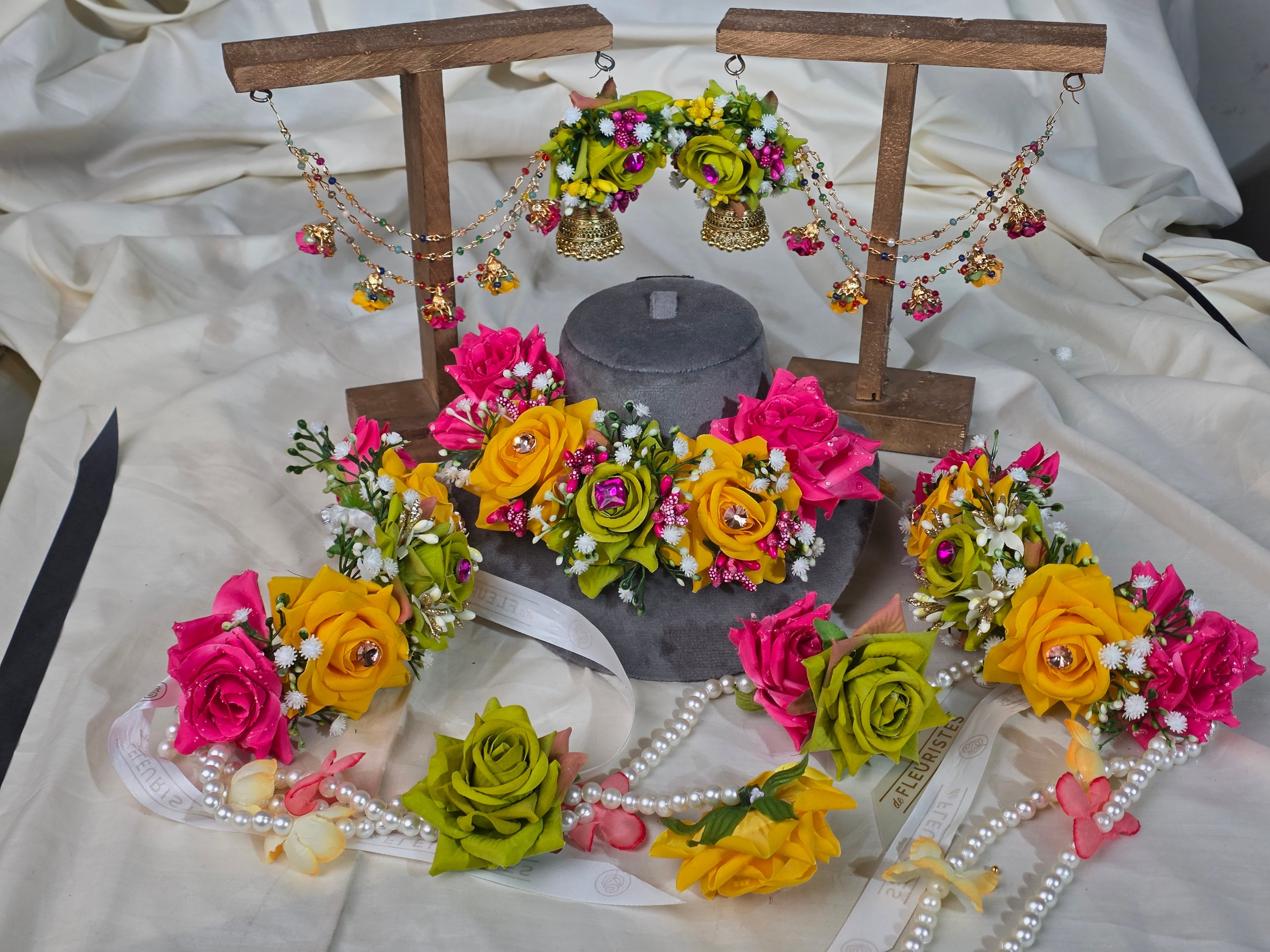 Complete yellow and green , pink artificial flower jewellery set for mehndi.
