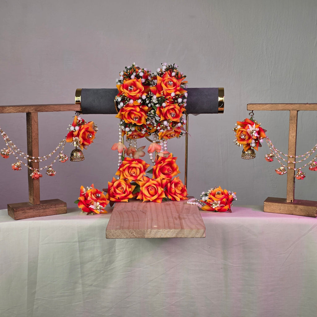 orange, rust colour artificial flower jewellery set for Pakistani weddings.