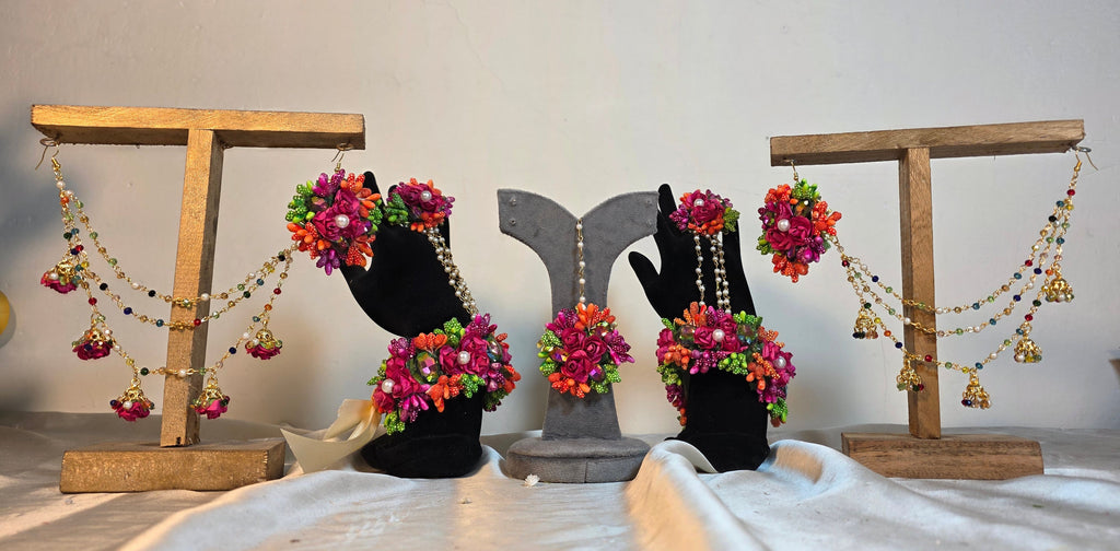 Colour Bloom full bridal floral jewelry set featuring vibrant multi-colored artificial flowers and dried accents by De Fleuristes.
