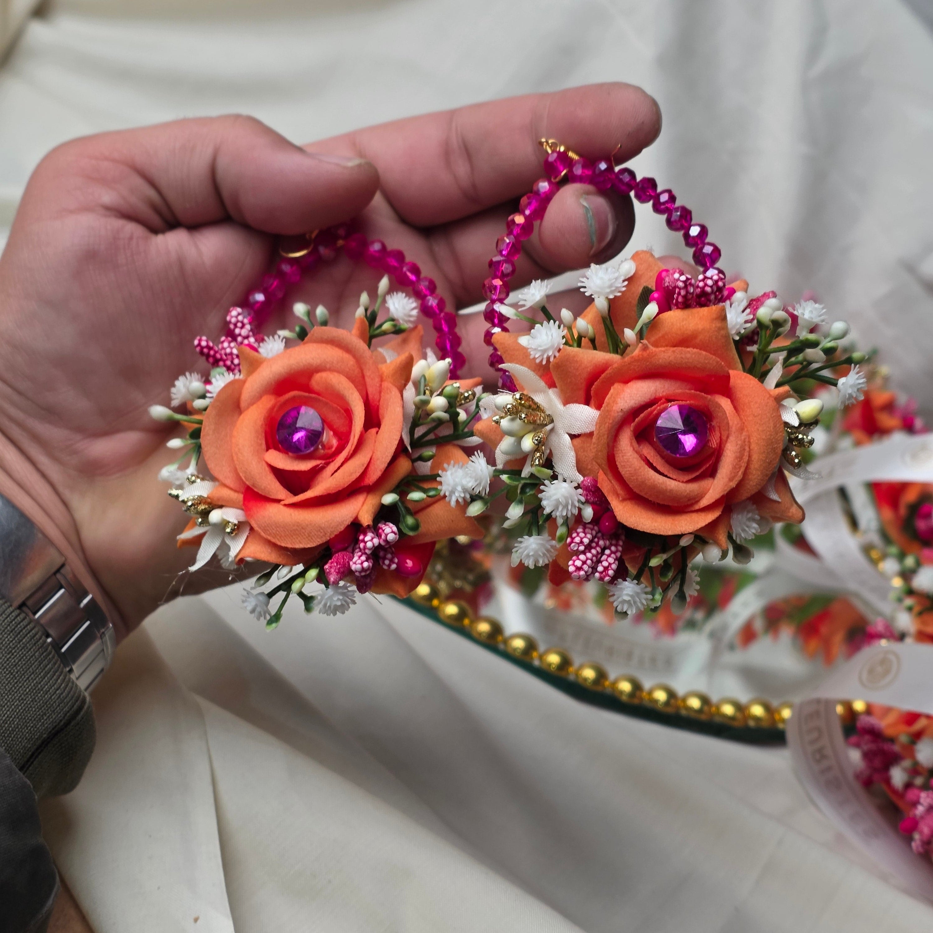 Full Set Image: De Fleuristes Orange Bliss: A complete handmade velvet rose jewelry set for Mehndi, Haldi, and May