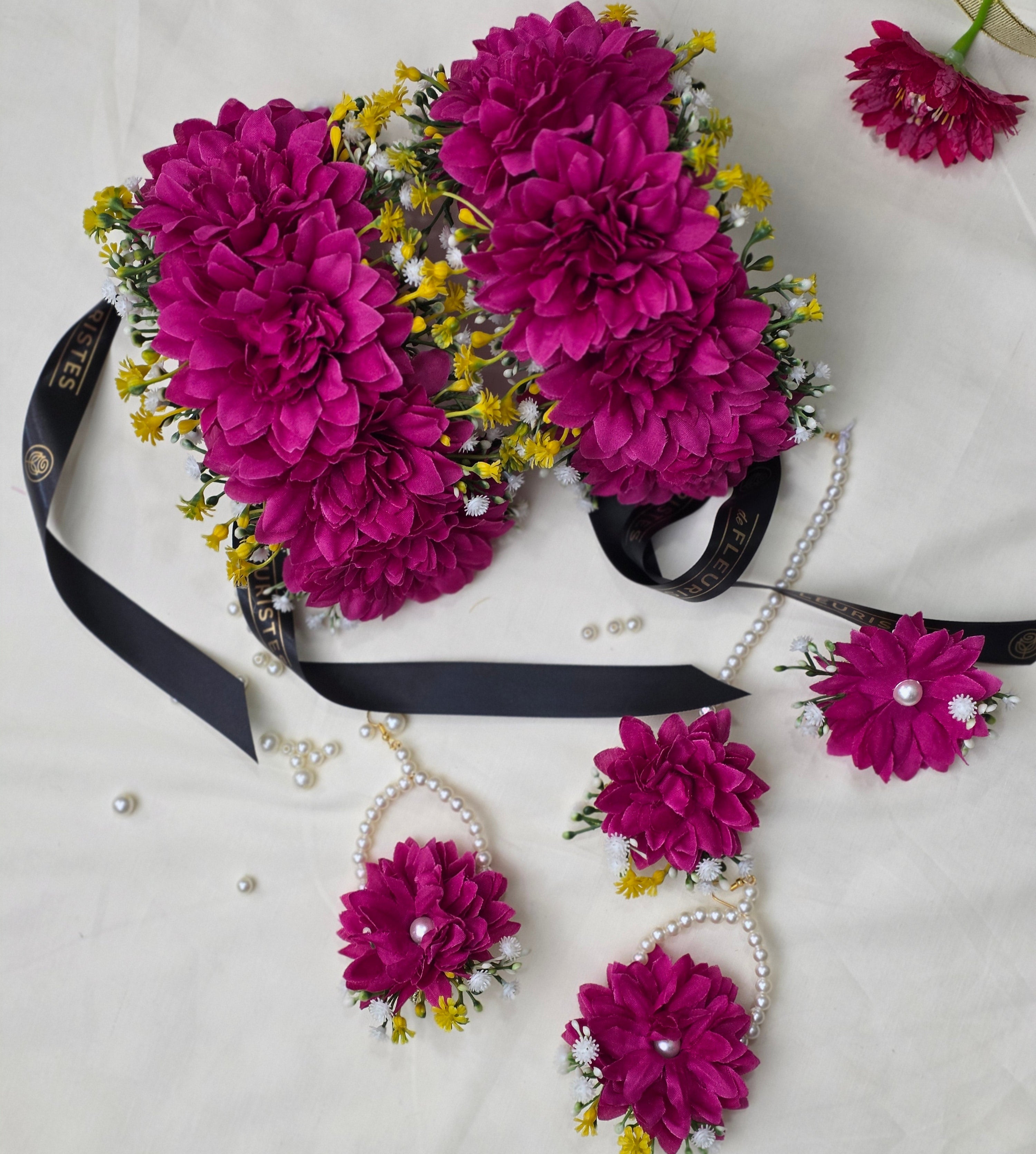 Hot Pink Bliss bridal floral jewelry set featuring vibrant premium artificial flowers and dried accents by De Fleuristes.