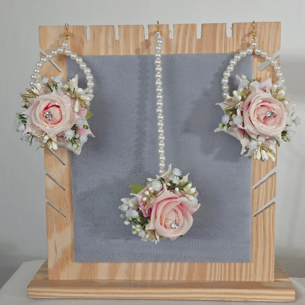 Elegant white rose artificial earrings set  and tikka