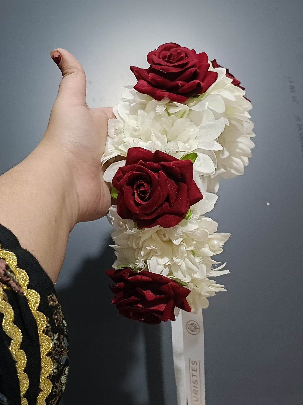 Red rose and white Chrysanthemum hair Bun