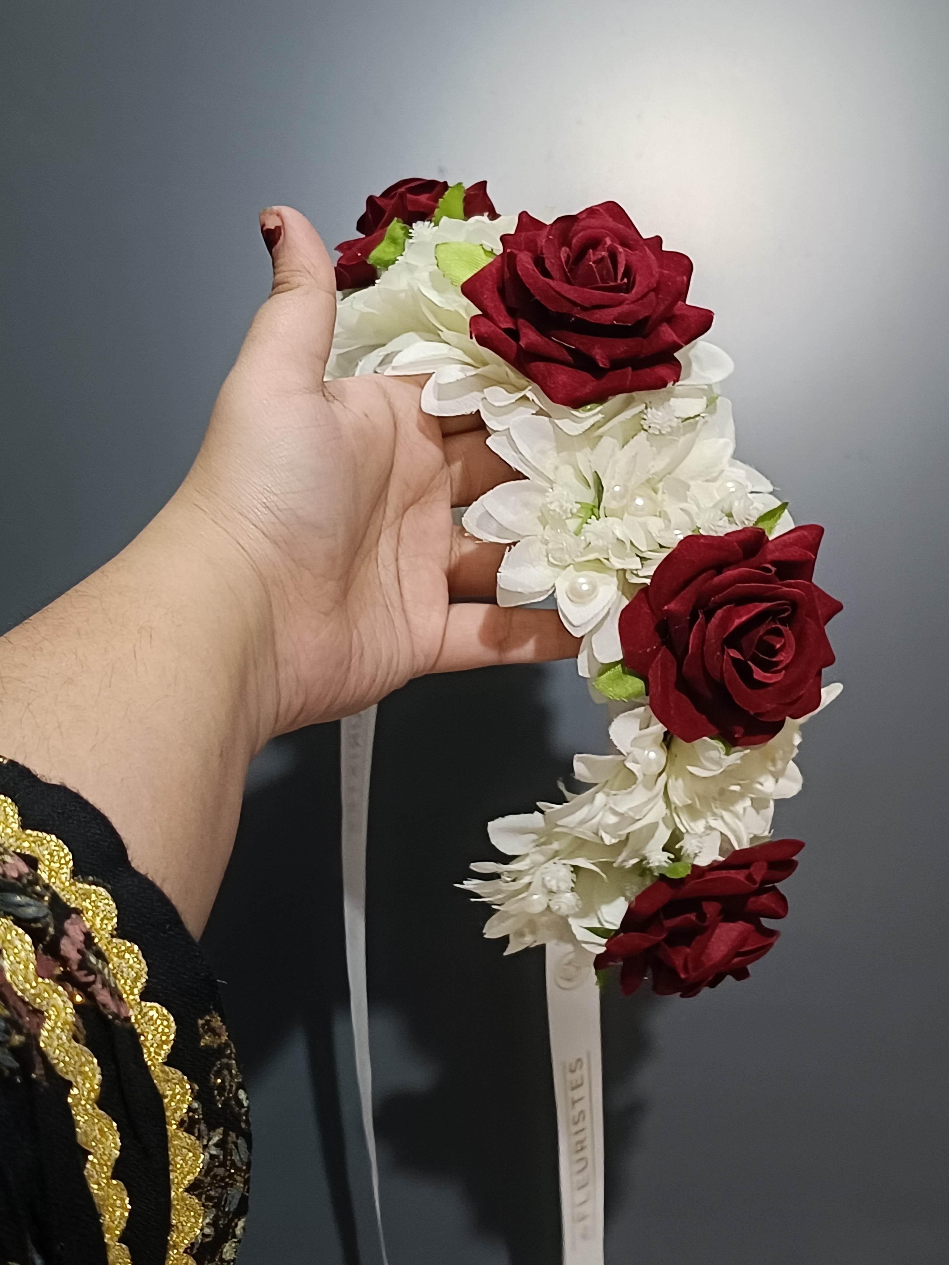 Red rose and white Chrysanthemum hair Bun