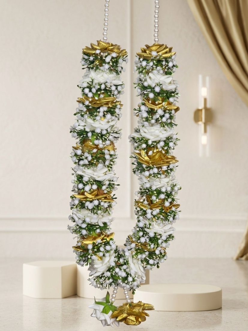 Exquisite handmade wedding garland with golden rose and white rose, baby and white moti beads.reath 