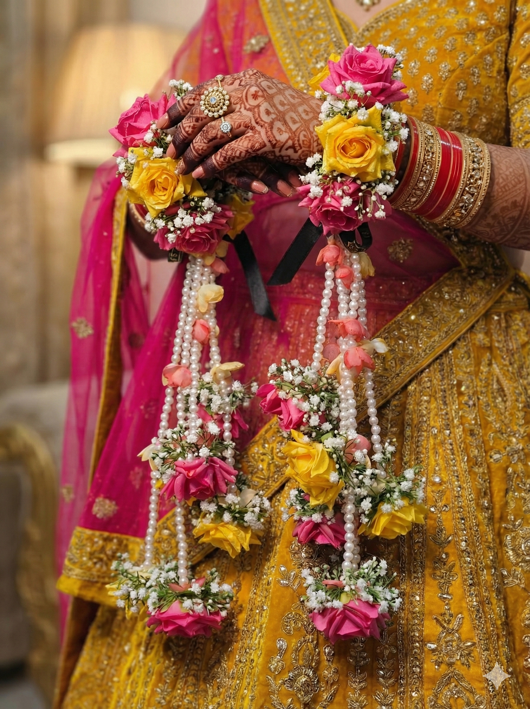 Yellow Night bridal flower gajra pair featuring long cascading traditional kaleera latkan by De Fleuristes.
